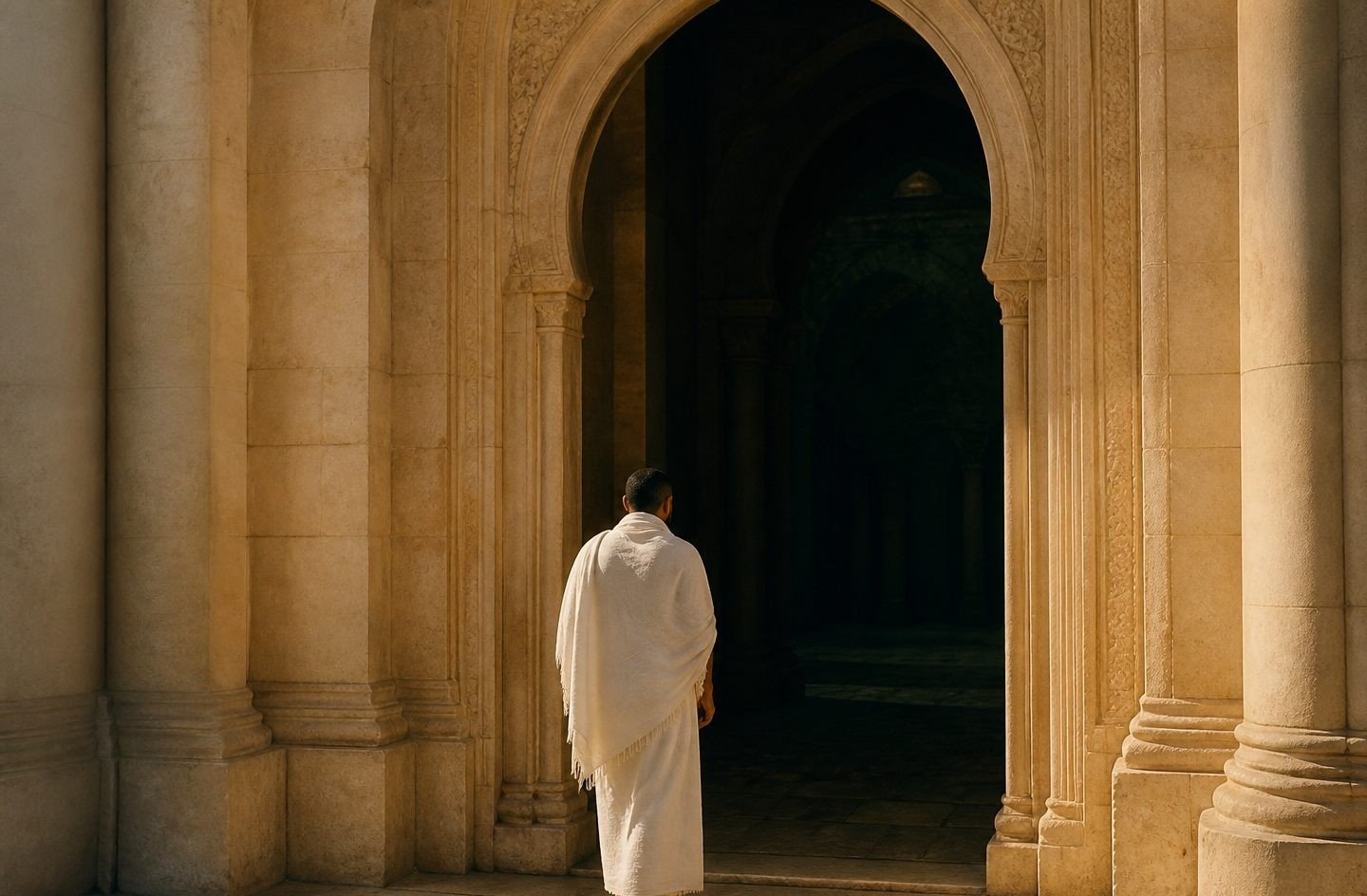 A pilgrim in white standing at the threshold of an arch