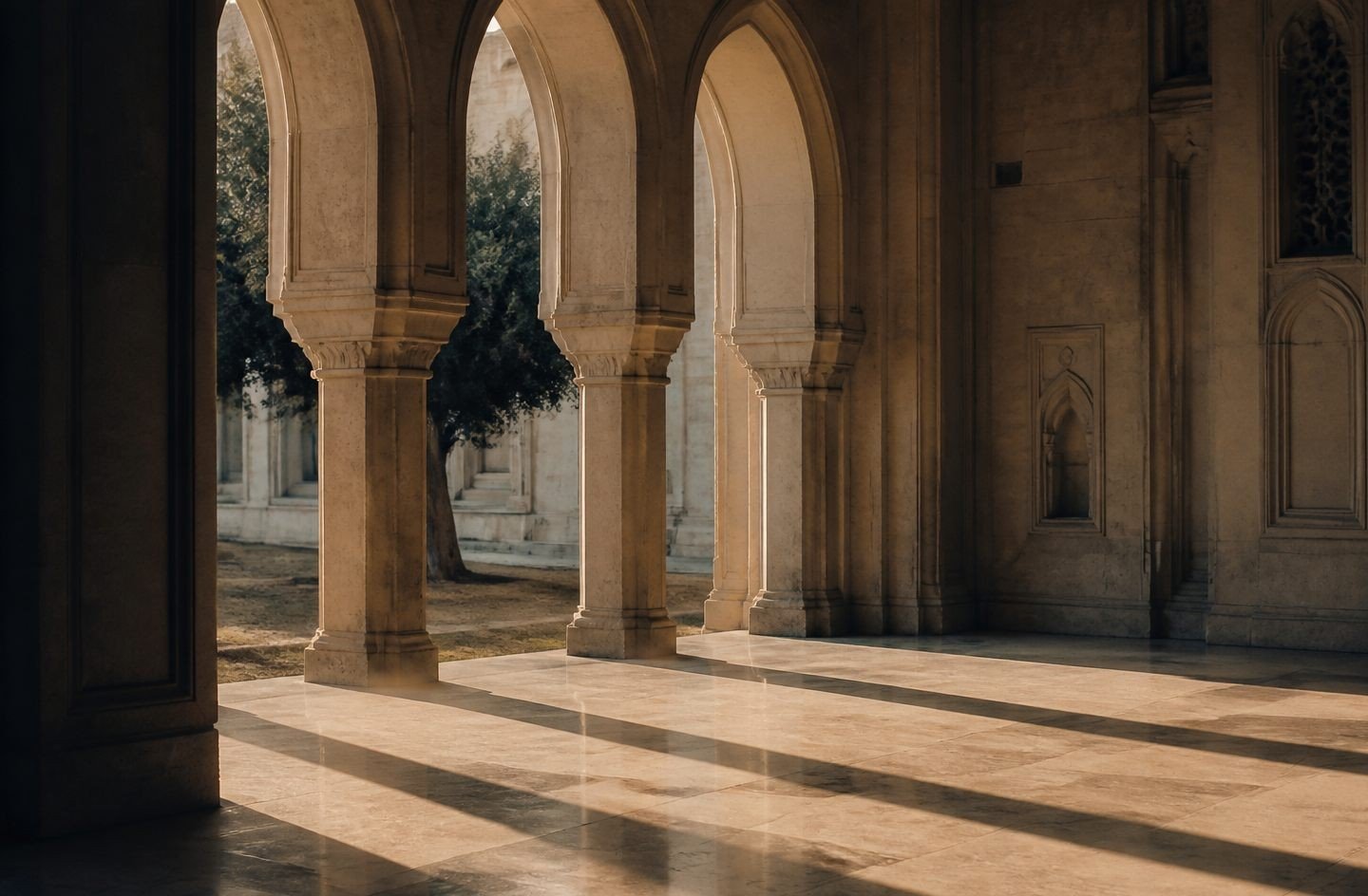 Long dawn shadows across a quiet marble colonnade