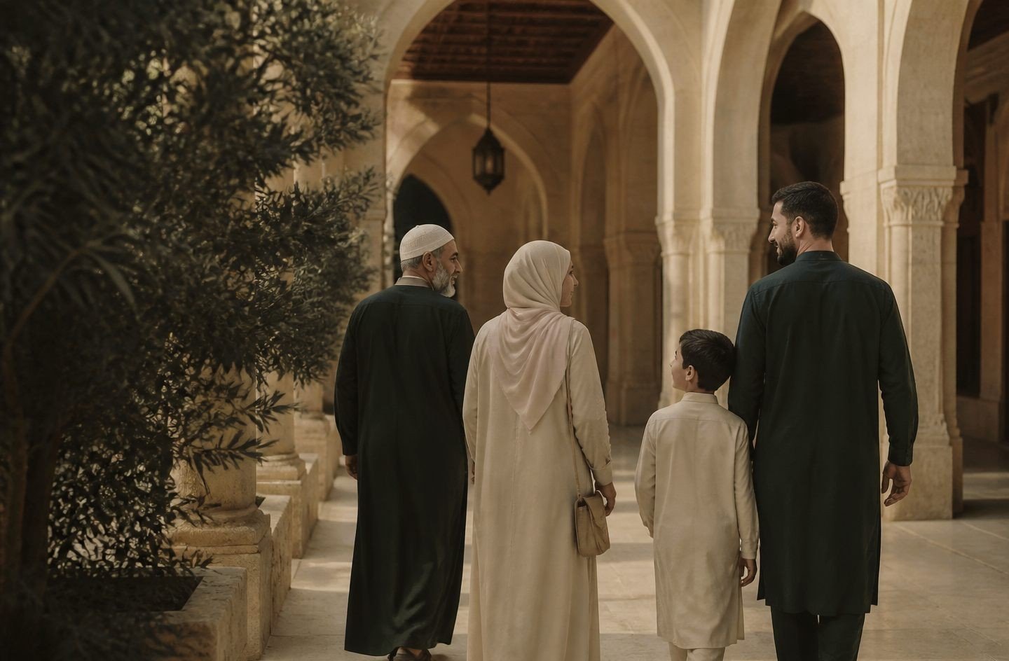 A family walking together through a pale stone arcade