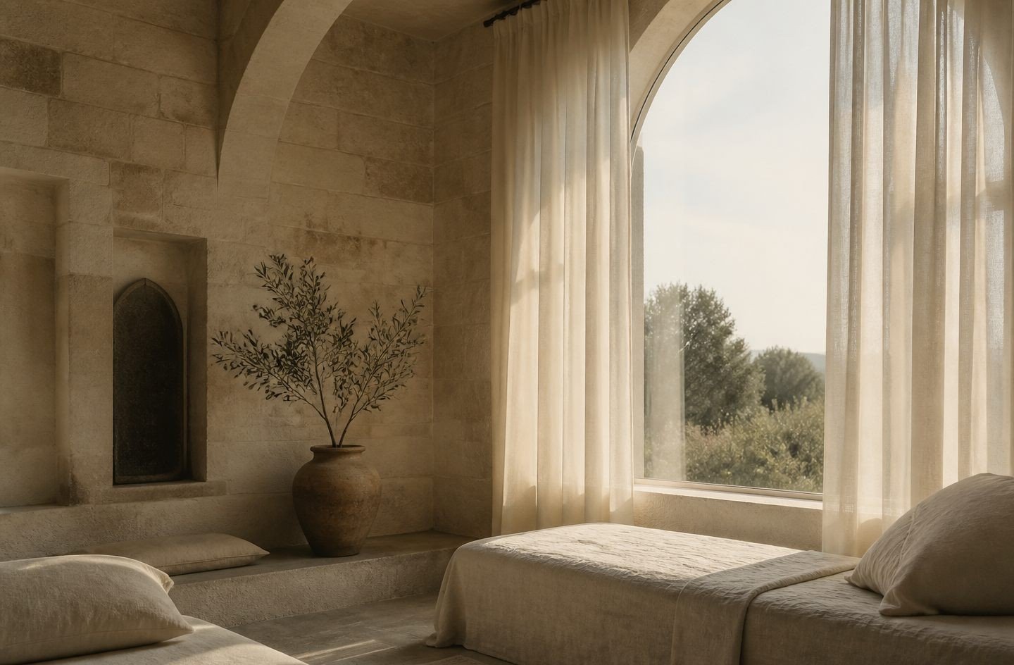 A quiet limestone room with linen and an arched window