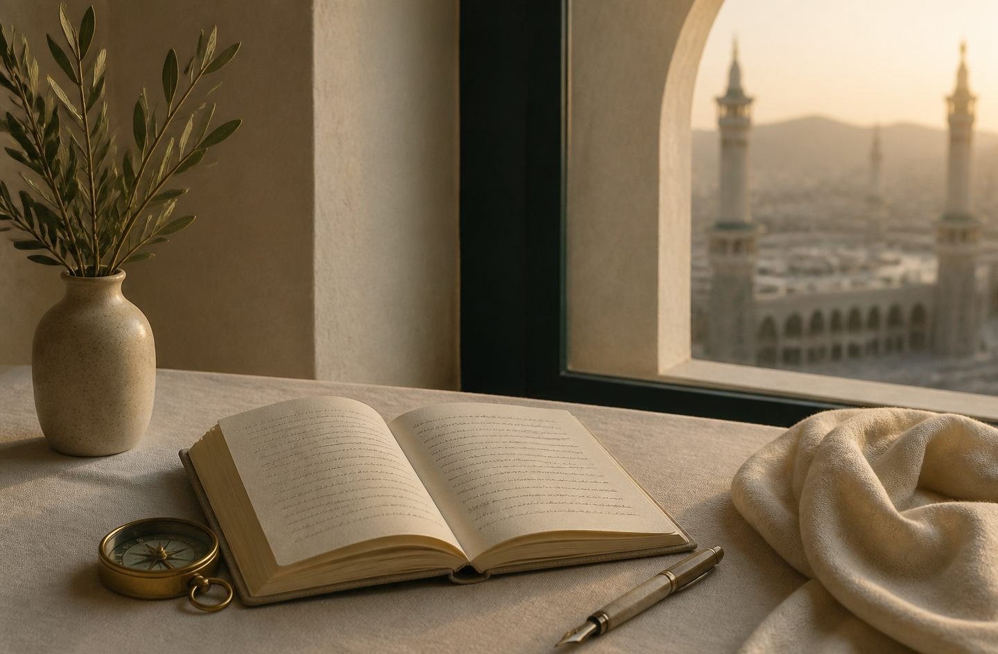 A notebook and travel details on a linen table in morning light